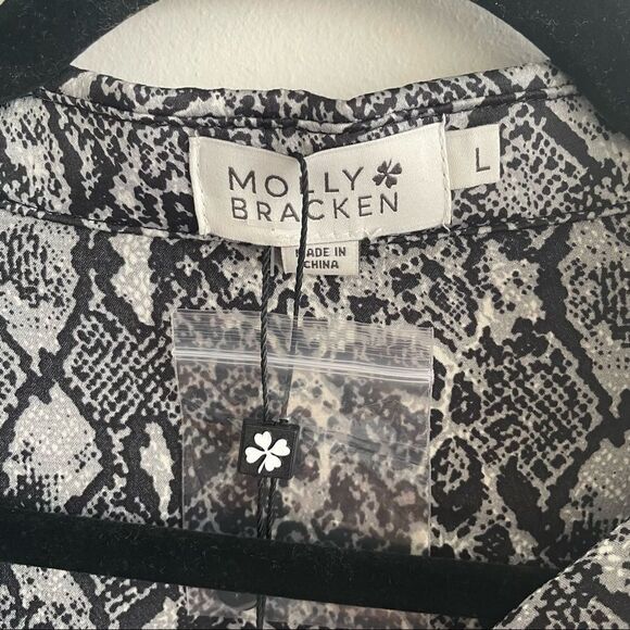 MOLLY BRACKEN Snake Print Long Sleeve Shirt Midi Dress Pleated Black Grey L - Picture 7 of 12